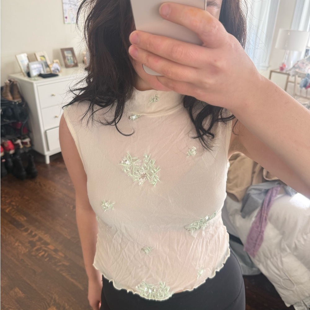 SOLD Free People Cream Top with Green Embroidery